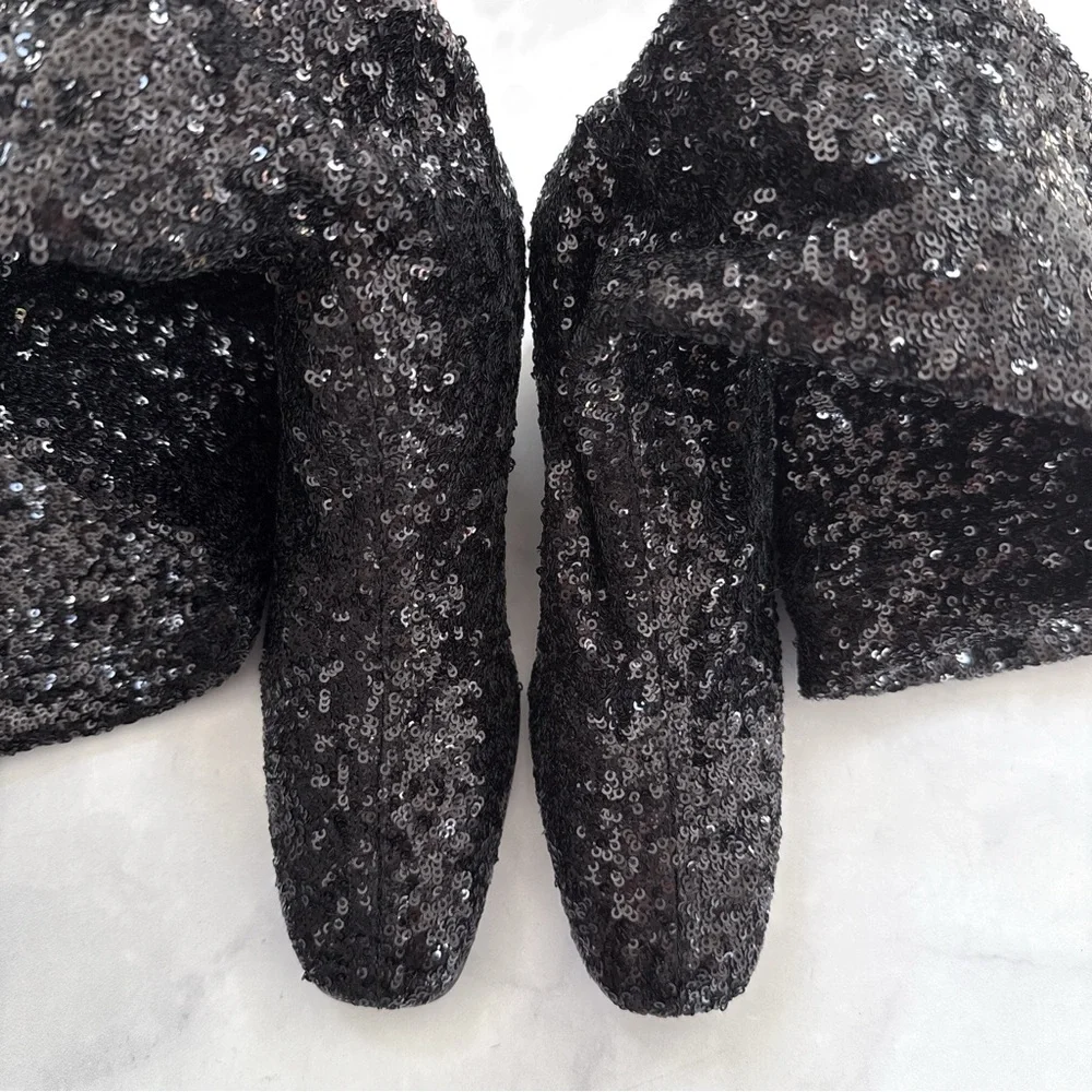 NEW Roger Vivier Sequin OTK Over the Knee Low Block Heel Sock Boots Black 35